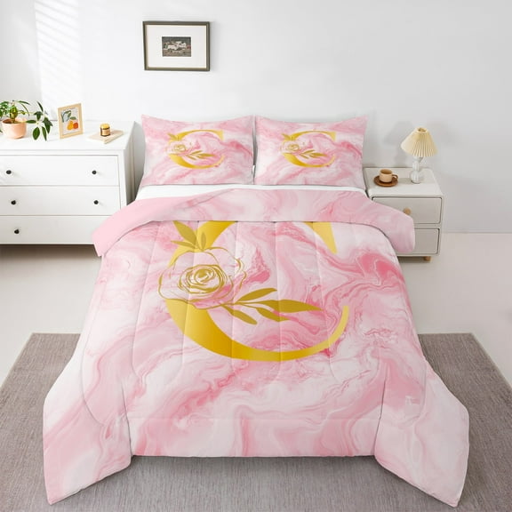 Homewish Pink Initial Letter C Bedding Comforter Set, Romantic Anniversary Rose Twin Comforter Sets, Modern Fashion Marble Reversible Bedding Set, Lightweight Room Decor, 2-Piece