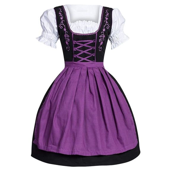 Huangx Creek Long 3-Pcs Black & Blue German Embroidered Oktoberfest Dirndl Dress Purple M