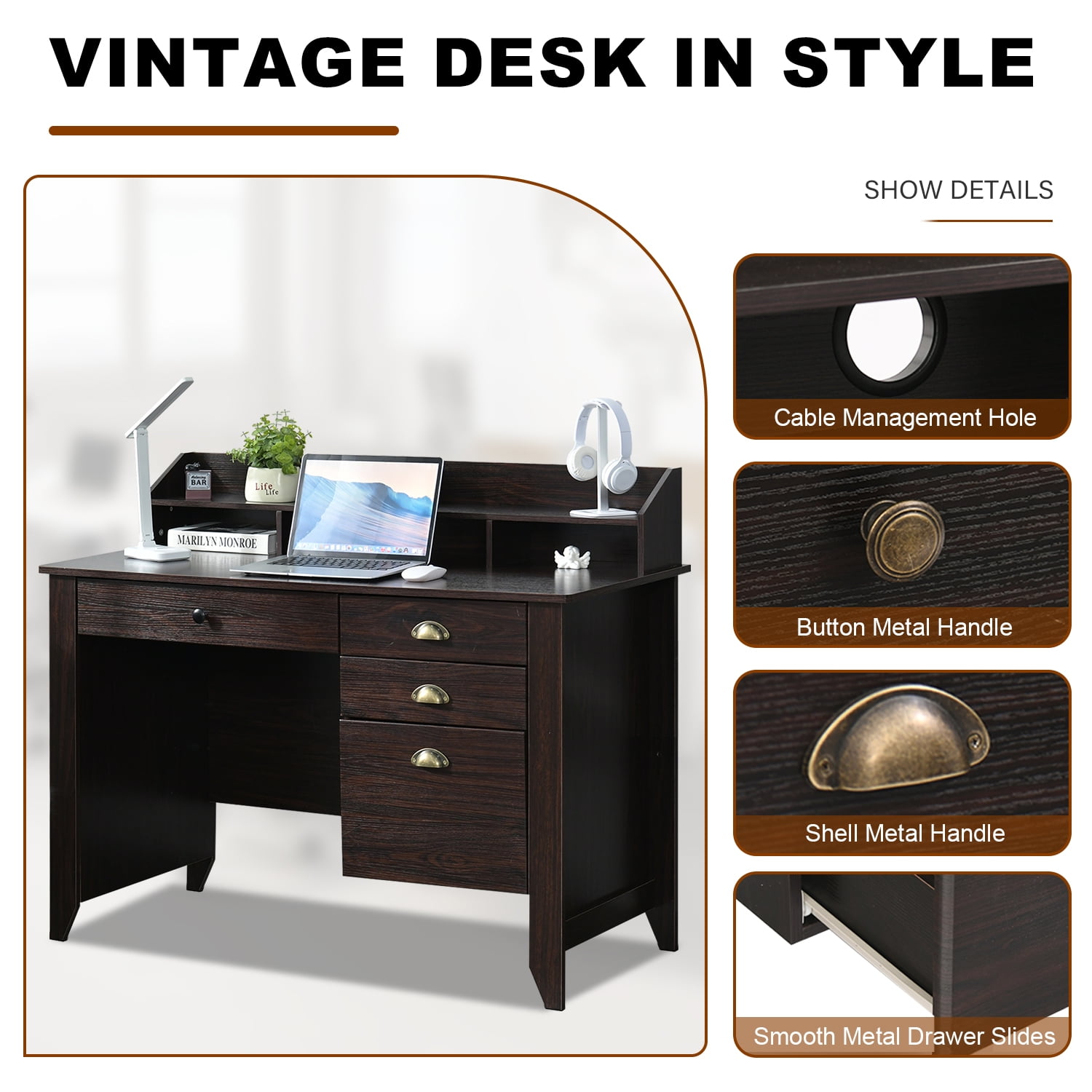 Catrimown Computer Desk, 47.5 in Wood Home Office Desk with Hutch and 4 Drawers, Monitor Stand, Espresso Brown