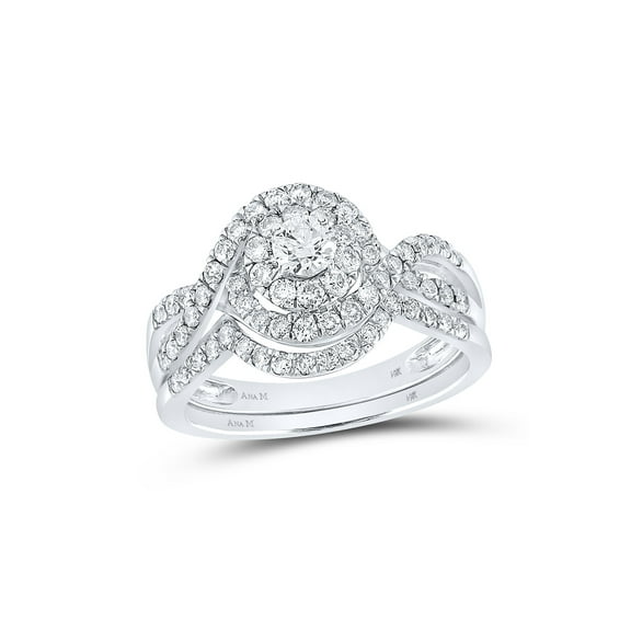 14kt White Gold Round Diamond Swirl Halo Bridal Wedding Ring Band Set 1 Cttw