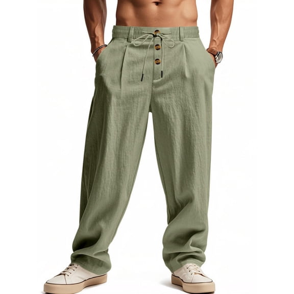TANBOM Men's Casual Drawstring Loose Wide Leg Linen Pants, Army Green, 1-Pack, 2XL