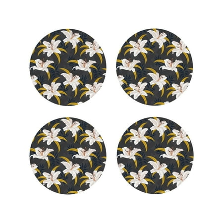 

Fuzoiu Lilies Flowers Print Leather Coasters Set Drink Coasters Set of 4 for Tabletop Protection Durable PVC Coasters Home Décor and Housewarming Gift-Round Shape