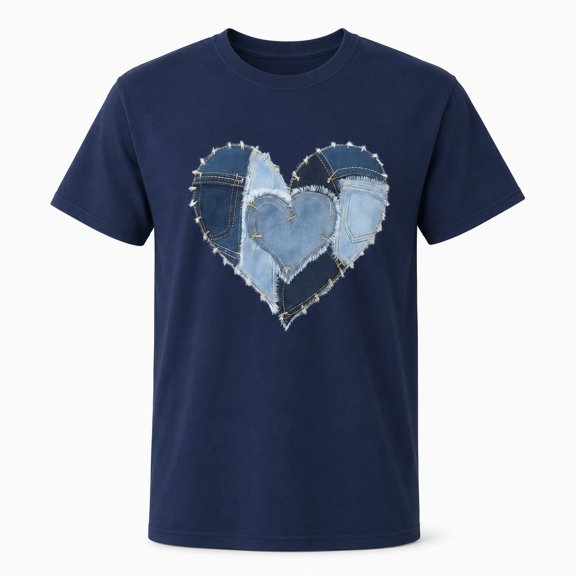 Women's Denim Heart Graphic T-Shirt, Short Sleeve Casual Tee