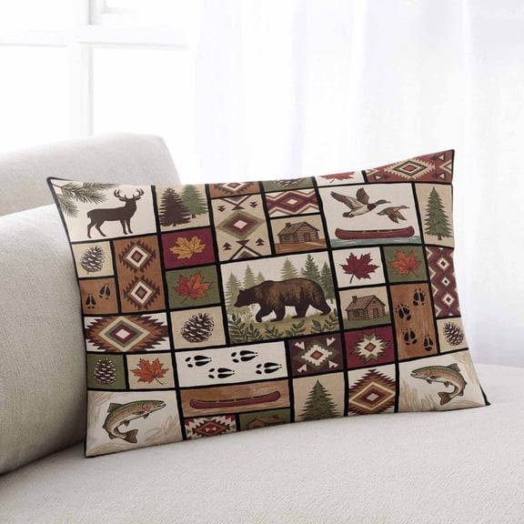 Country Patch Plaid Throw Pillow Covers, Brown Farmhouse Retro Bear Deer Cabin Soft Breathable Pillow Cases with Invisible Zipper for Sleeping, Small Pillowcases for Couch Bed Sofa Chair 16x24 Inches