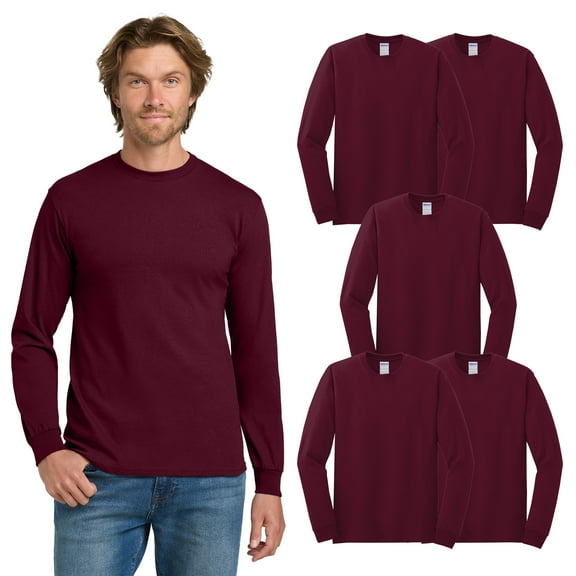 Gildan Heavy Cotton Men’s Long Sleeve T-Shirt, Crewneck Comfortable Classic Tee, Maroon, 5-Pack, S