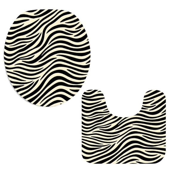 2-piece Set Bathroom Accessories" ,Classic Black Cream Curved Zebra Animal Skin Seamless Print Flannel Bathroom Mat Set