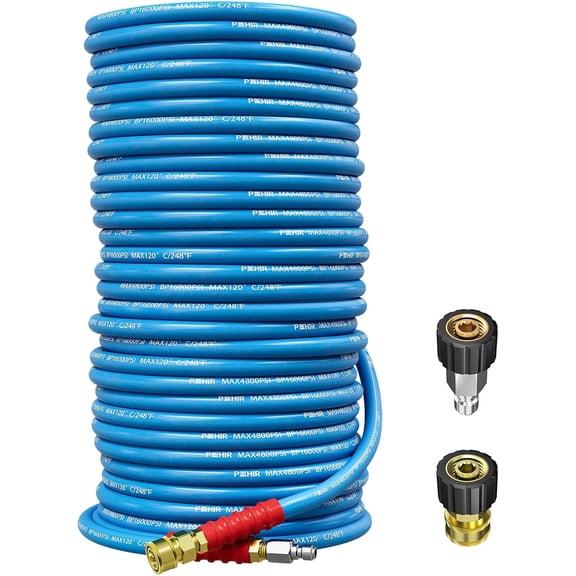 POHIR 150ft Pressure Washer Hose 3/8" 4800 PSI, Kink Resistant Industrial Grade Hose with Quick Connect Ends and Adapters for Hot & Cold Water up to 248°F, Steel Wire Braided Hose for Power Washing