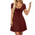 thumbnail image 6 of Oksale Cute Dresses for Women Soft Stretchy Tie Front Scoop Neck Mini Dress Slim Cozy Short Sleeve Summer Dresses Casual Ladies Outfits Wine 2XL, 6 of 9