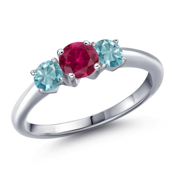 Gem Stone King 925 Sterling Silver Red Created Ruby and Blue Zircon Engagement Ring for Women | 1.60 Cttw | Round 5MM | Gemstone July Birthstone | Size 8