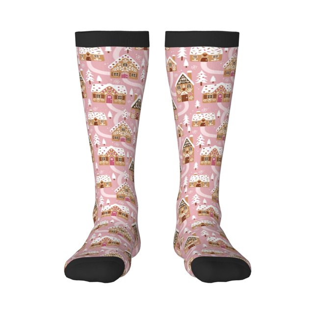 Fotbe Gingerbread Houses Pink Wonderland Calcetas Divertidas Estampadas para Hombre y Mujer, Calcetas de Algodón hasta la Rodilla para Caminar, Correr, Enfermería y Embarazo