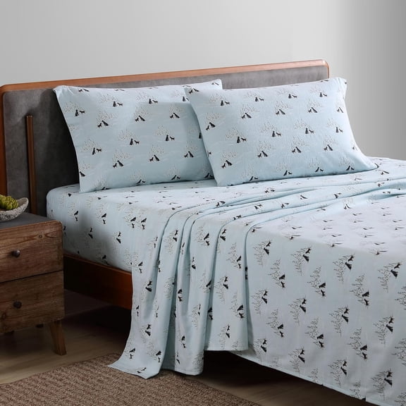 King Size Flannel Bed Sheet Set with Pillowcases - Soft Cotton, Dog Friends Blue Pattern