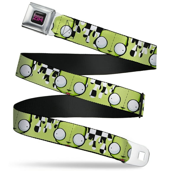 Nickelodeon Belt, Seatbelt Buckle Belt, Invader Zim Gir Face and Checker Flames Black White Green, Youth 20 to 36 Inches