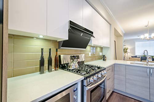 FOTILE inclined Vent Series 30" 1000 CFM Under Cabinet or Wall Mount Range Hood with 2 LED lights, Motion and Touch Activation in Onyx Black Tempered Glass