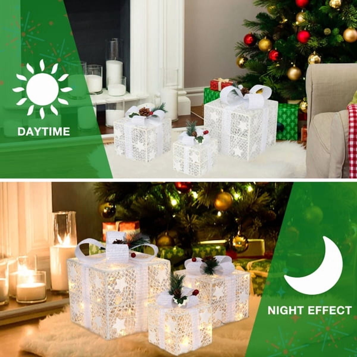 Alvantor 3-Piece Lighted Christmas Gift Box Set, 60 Warm White LEDs, 8 Modes, Battery Operated, White