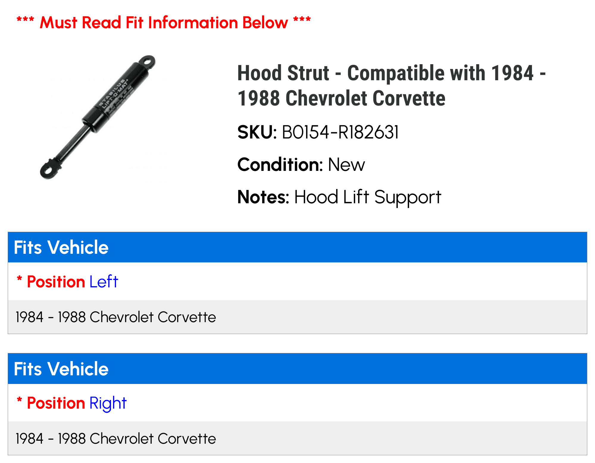 Hood Strut - Compatible with 1984 - 1988 Chevy Corvette 1985 1986 1987