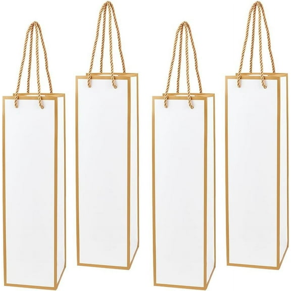 4Pcs White Paper Wine Bottle Bags 13.8x3.9x3.9 Inch Reusable Liquor Gift Bags with Handle Gold Foil Print for Birthday Wedding Party
