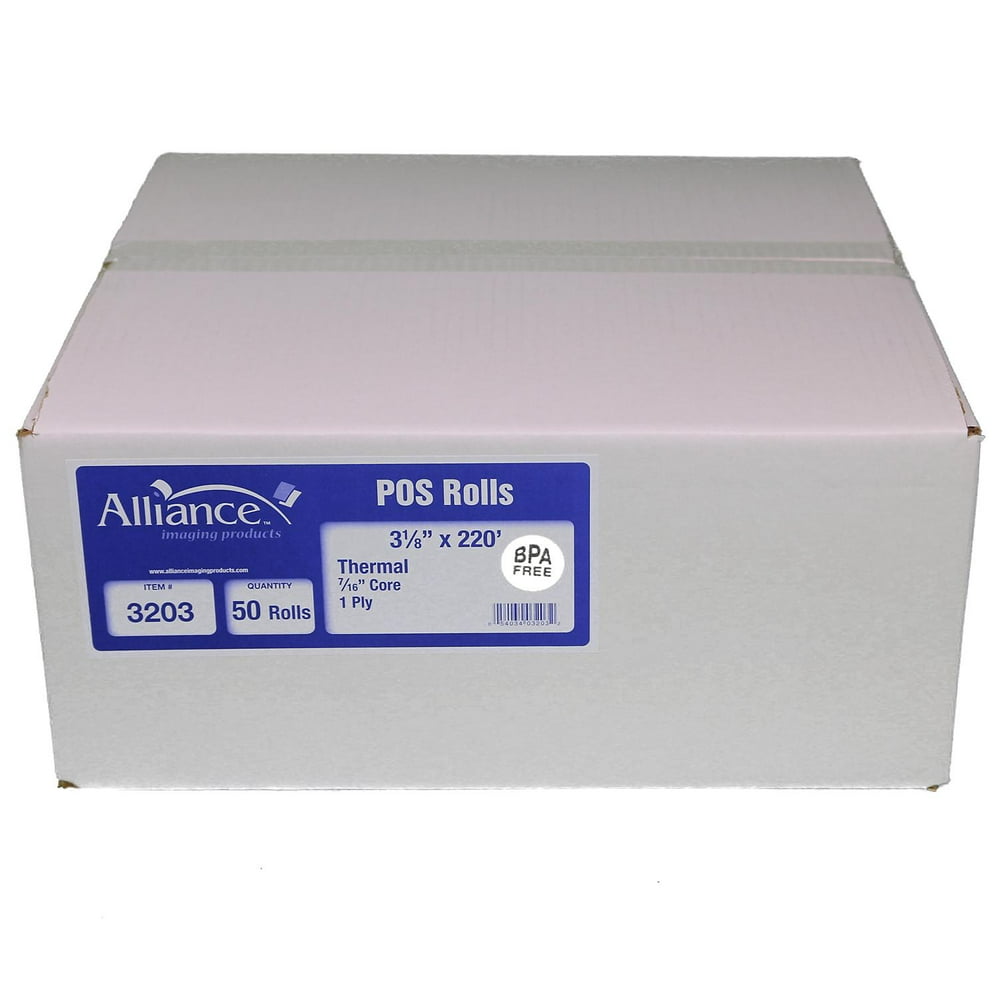 Alliance BPA Free Thermal Paper Receipt Rolls, 3 1/8" x 220', White, 50