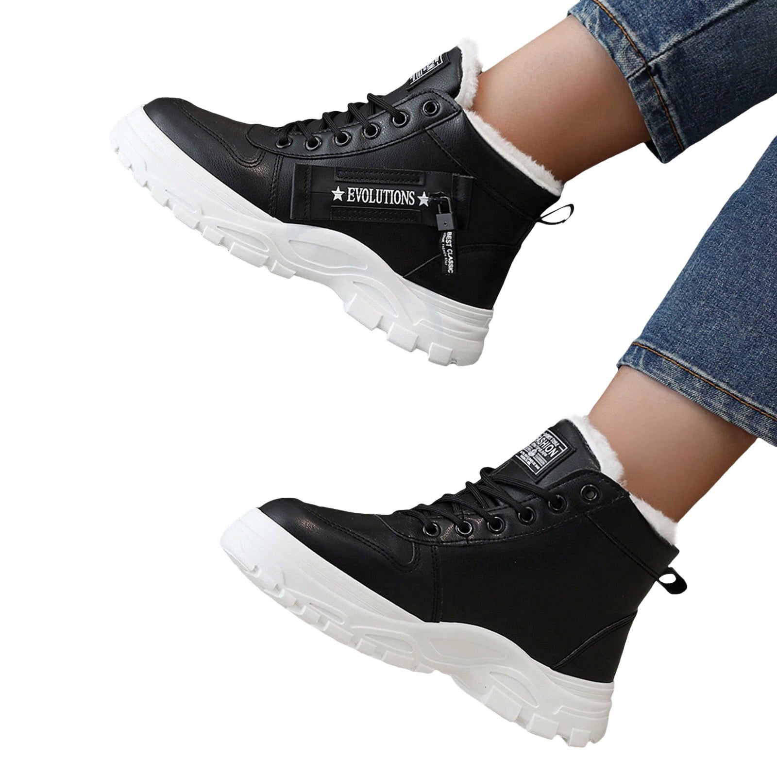 Baskets D'hiver Pour Femme En Cuir - Doublure Polaire Chaude - Fermeture éclair Latérale Et Laçage