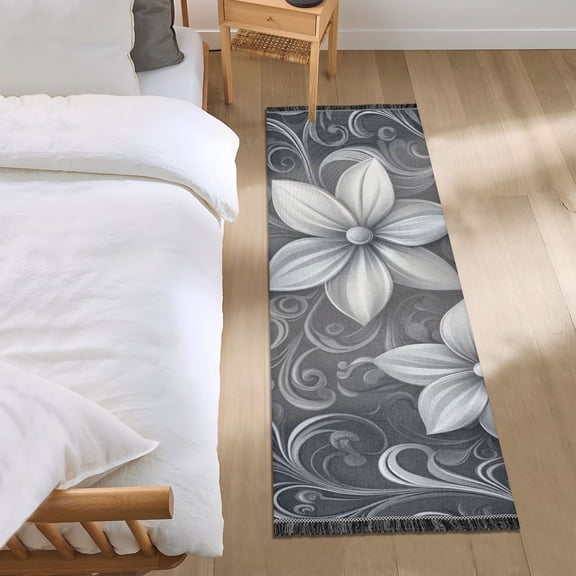 Elegant Silver Flower Design Bedroom Runner Rug 2'x 6' Non Slip Carpet Indoor Home Area Rug Living Room