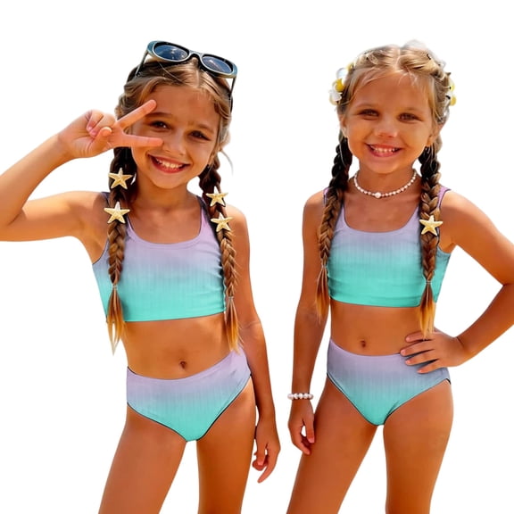 CCRFTGI Swimsuits for Child Girls Size 7 Two Piece Sets Swimming Girls Bathing Suit Beach Holiday Gradient Girls Bikini Cute Summer Girls Clothes Swimsuits Swimwear Cyan 9-10 Years