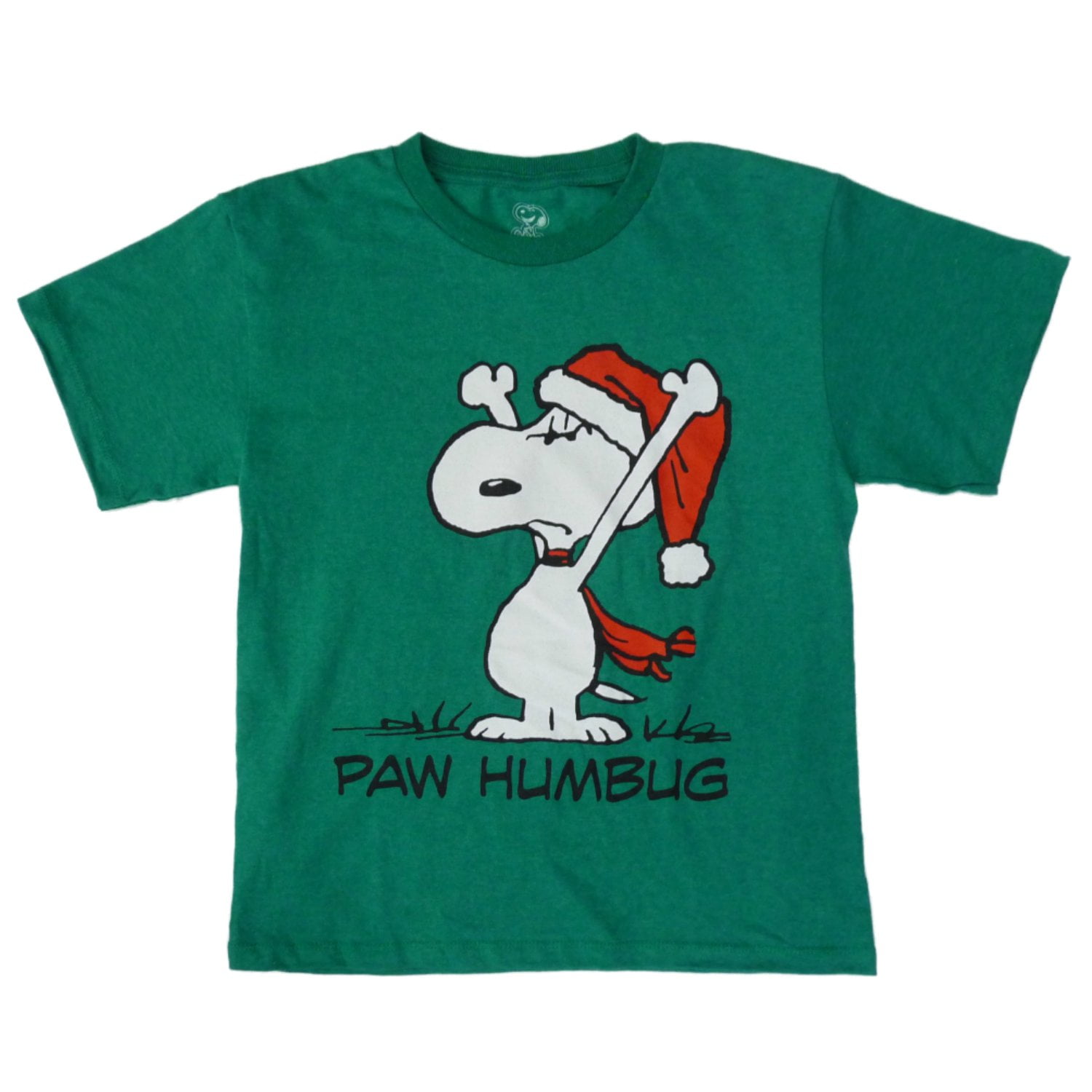 Peanuts Boys Green Christmas TShirt Paw Humbug Snoopy Shirt XS