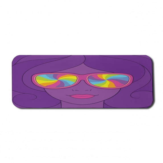 Retro Computer Mouse Pad, Psychedelic Style Portrait of a Girl in Sunglasses with Rainbow Swirls, Rectangle Non-Slip Rubber Mousepad Large, 31" x 12" Gaming Size, Violet and Multicolor, by Ambesonne
