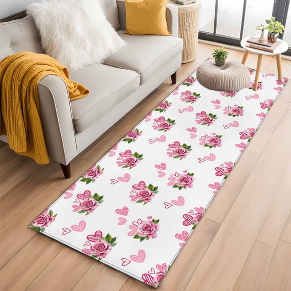 Runner Rug 2'x6', Pink Roses Washable Non-Slip Hallway Runner Rugs, Valentine's Day Flowers Love White Romantic Bedside Rugs Floor Mats Carpet Runners for Kitchen Bathroom Laundry Room