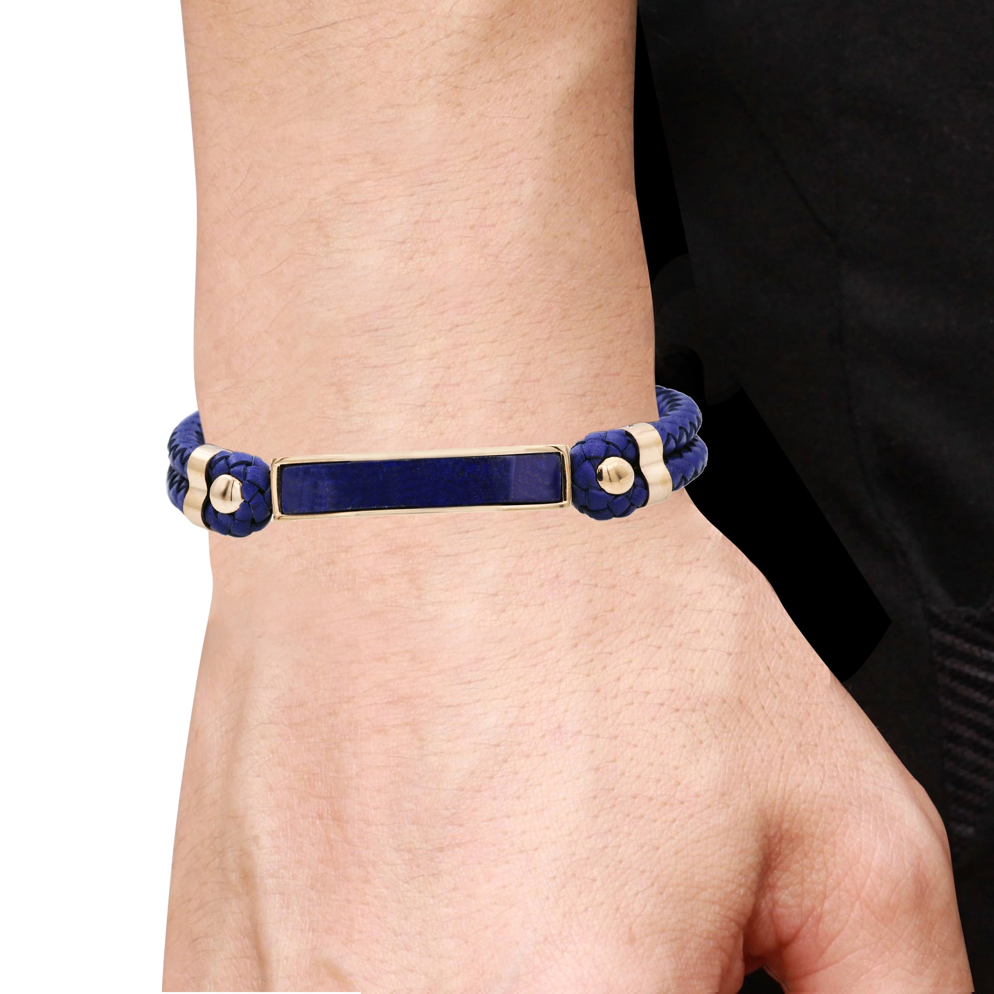 Arista Men's Genuine Lapis Lazuli and Navy Leather Bracelet in Rose Plated Stainless Steel, 8.5"