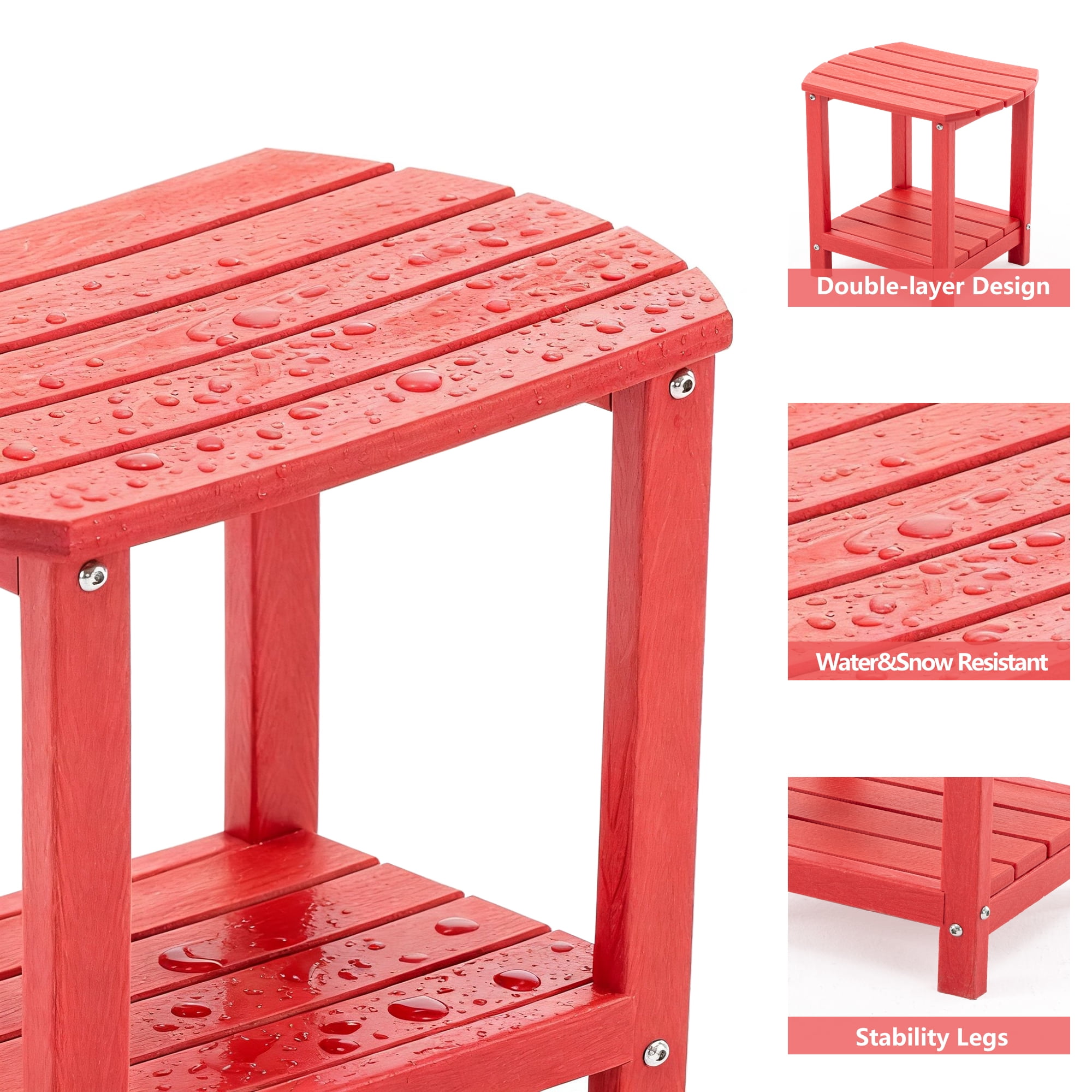 ENYLAY Adirondack Small Outdoor Side Table , Weatherproof HDPE Patio End Table with 2-Tier Storage for Firepit, Balcony, Garden, Poolside or Bathroom (Red, Set of 2)