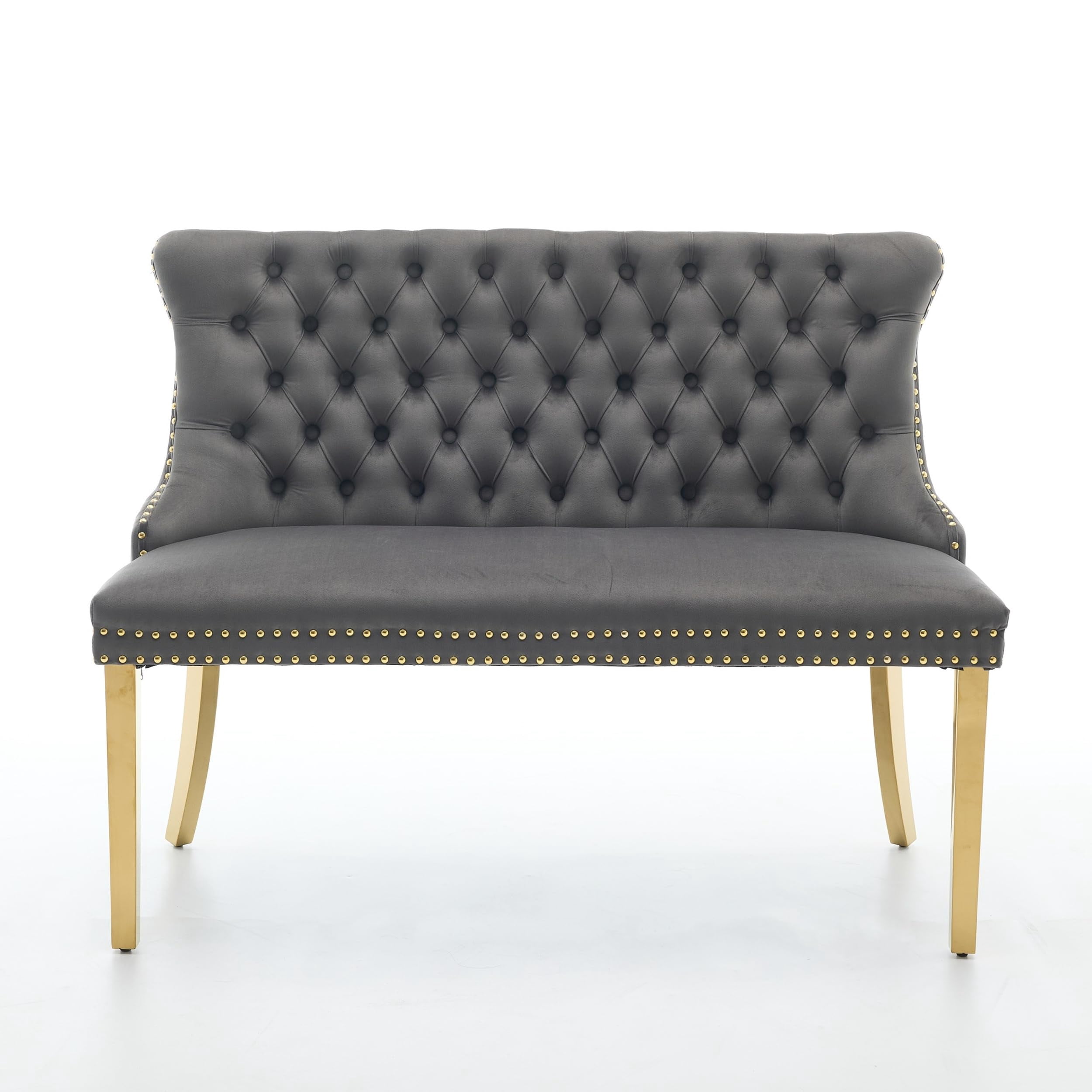 Gray Velvet Double Dining Loveseat Bench, 2-Seat Tufted Kitchen & Dining Chair with Gold-Plated Steel Legs, Wing Back, Mid Century Modern Style, Handmade Button Accent