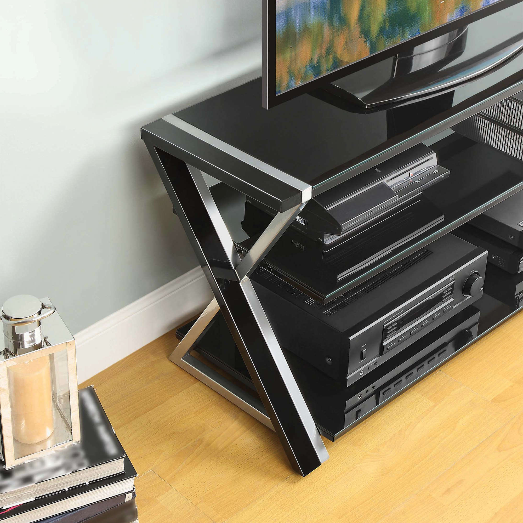 Whalen 3-in-1 Black TV Console for TVs up to 70", Black Glass Shelves - image 4 of 10