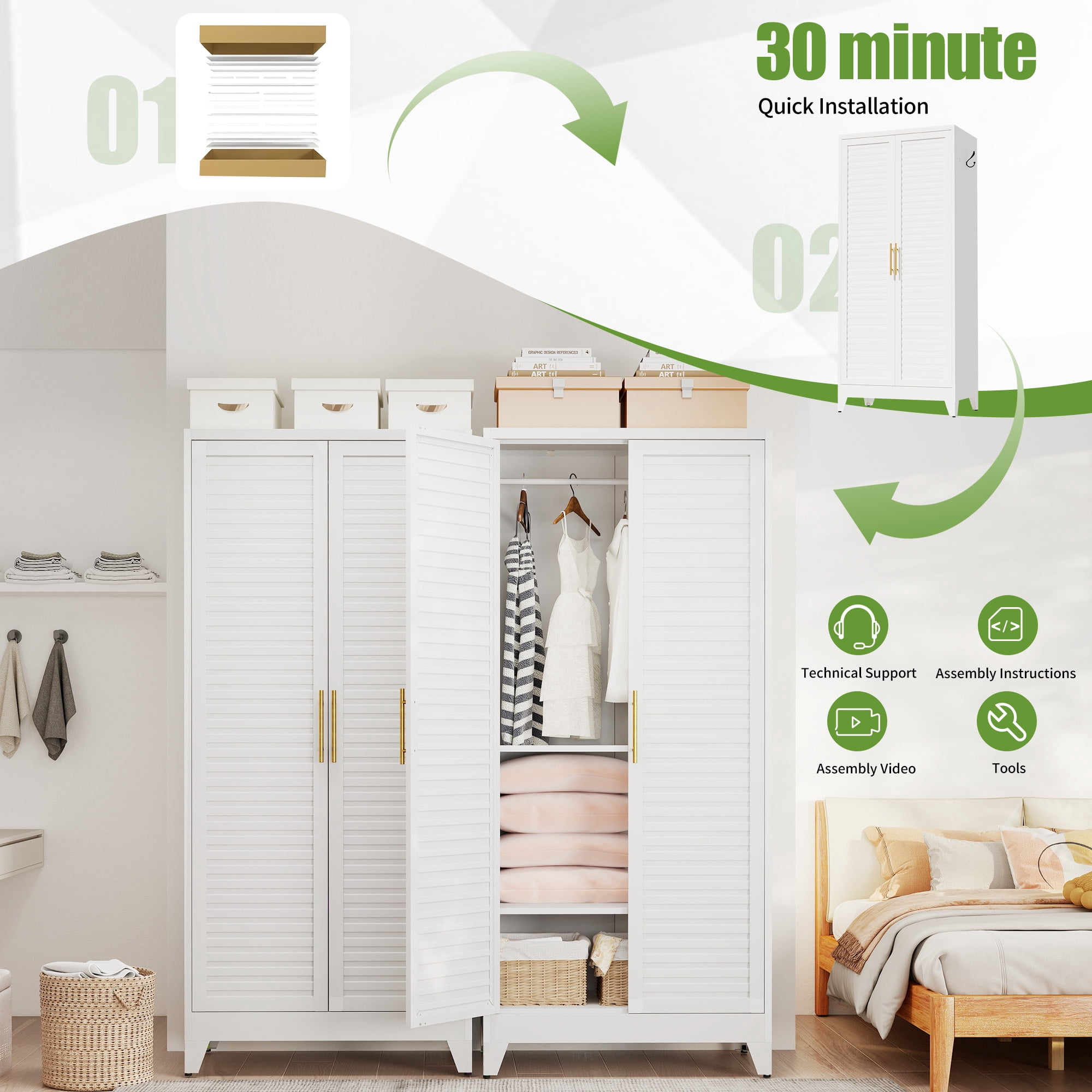 Miniyam 71″ Tall White Metal Wardrobe – 2 Doors with Hanging Rod & Shelf, Cold Rolled Steel, Easy Assembly – Ideal for Kids' Rooms, Bedrooms & Home Use