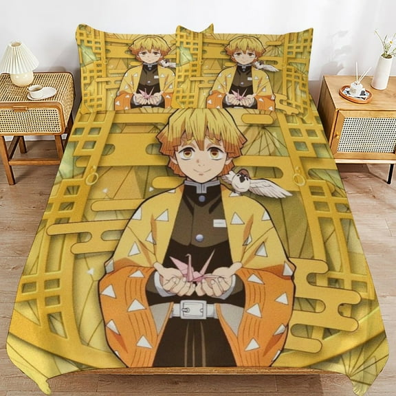3 Piece Comfortable Bedding Set Demon Slayer Agatsuma Zenitsu Duvet Cover Twin Bed with 2 Pillowcase 79"x90"