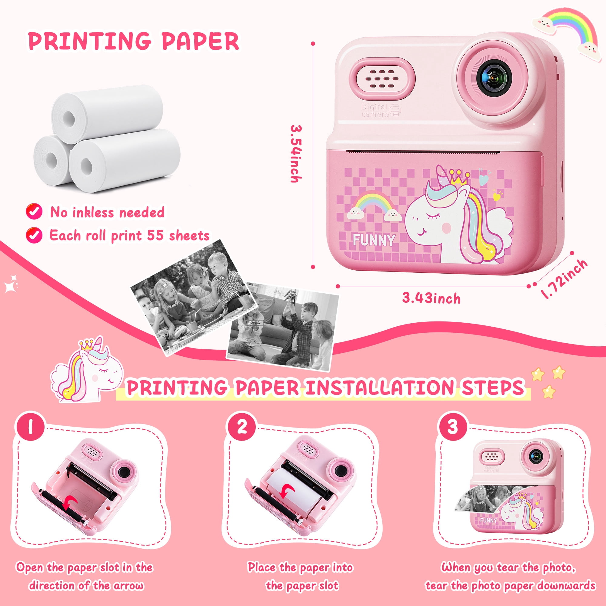 ALLJOY Instant Print Kids Camera with 64GB SD Card 1080P HD Digital Video Camera Toy for Toddler Kids, Christmas Birthday Gift for Girls Ages 3-12
