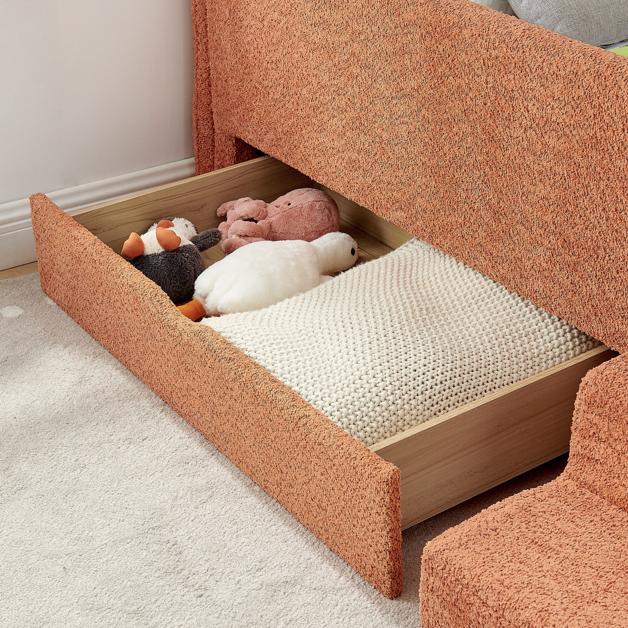 T-Joy Multi-Functional Kids Bed with Guardrails and Storage, Boucle Wooden Platform Bed with Safety Step Stool, Twin Size, Orange