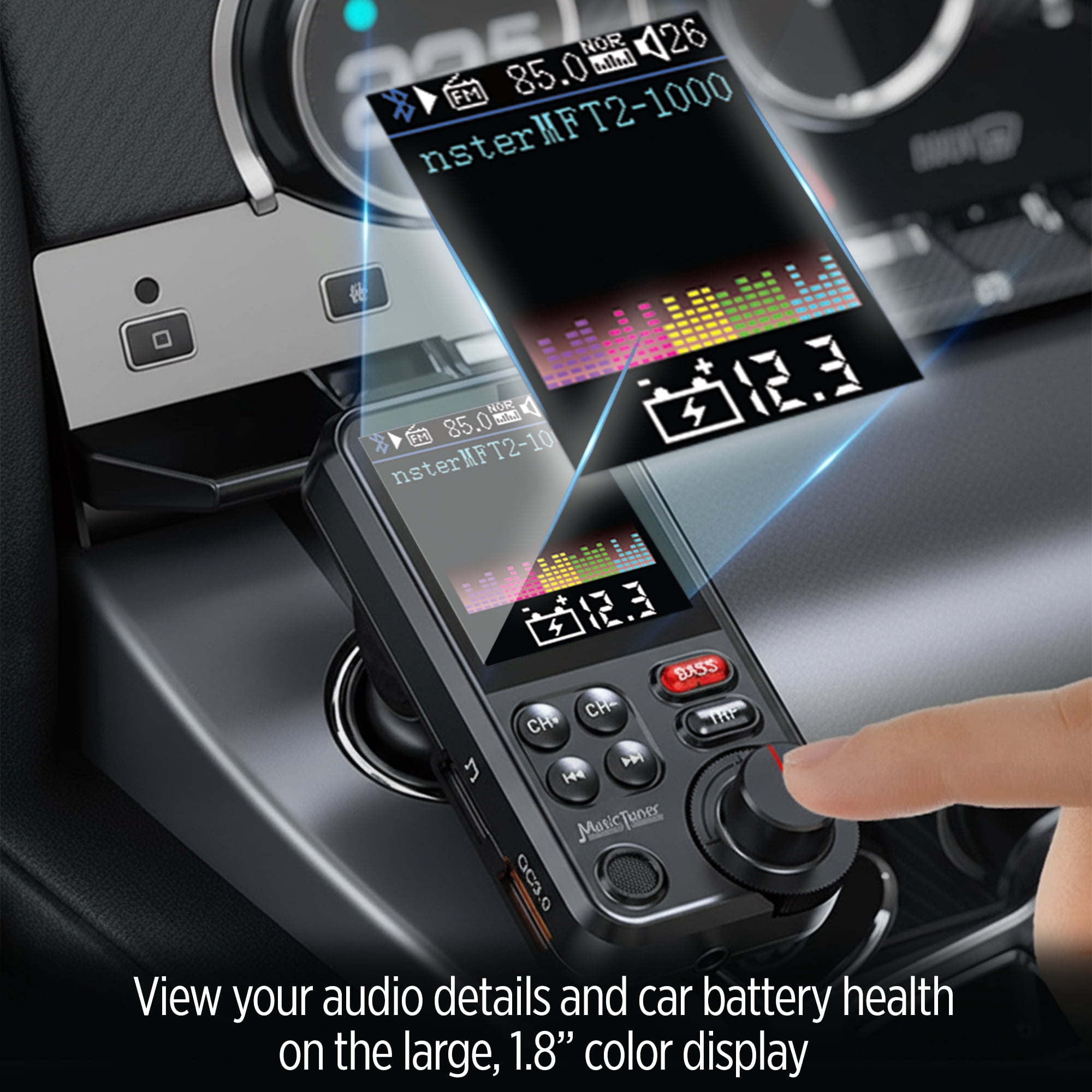 Monster 18W Bluetooth FM Transmitter with QC 3.0 Fast Charging, Hands-Free Calls, Adjustable Equalizer, Large LCD Color Screen, USB/SD/Aux Audio Playback