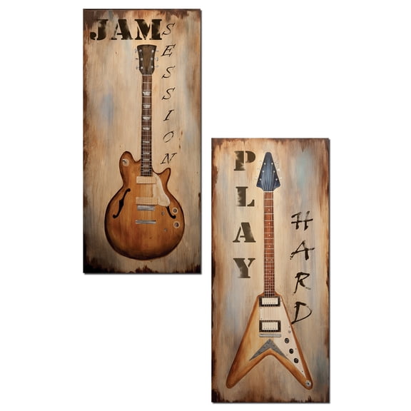 Popular Guitar "Jam Session" and "Play Hard" Panels by Tre Sorelle Studios; Two 8x18in Unframed Paper Posters