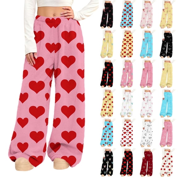 LSLJS Fleece Lined Pants Women Flannel Elastic Waist Pants Trendy Casual Valentine's Day Heart Print Trousers Pajama Pants, Gifts for Women