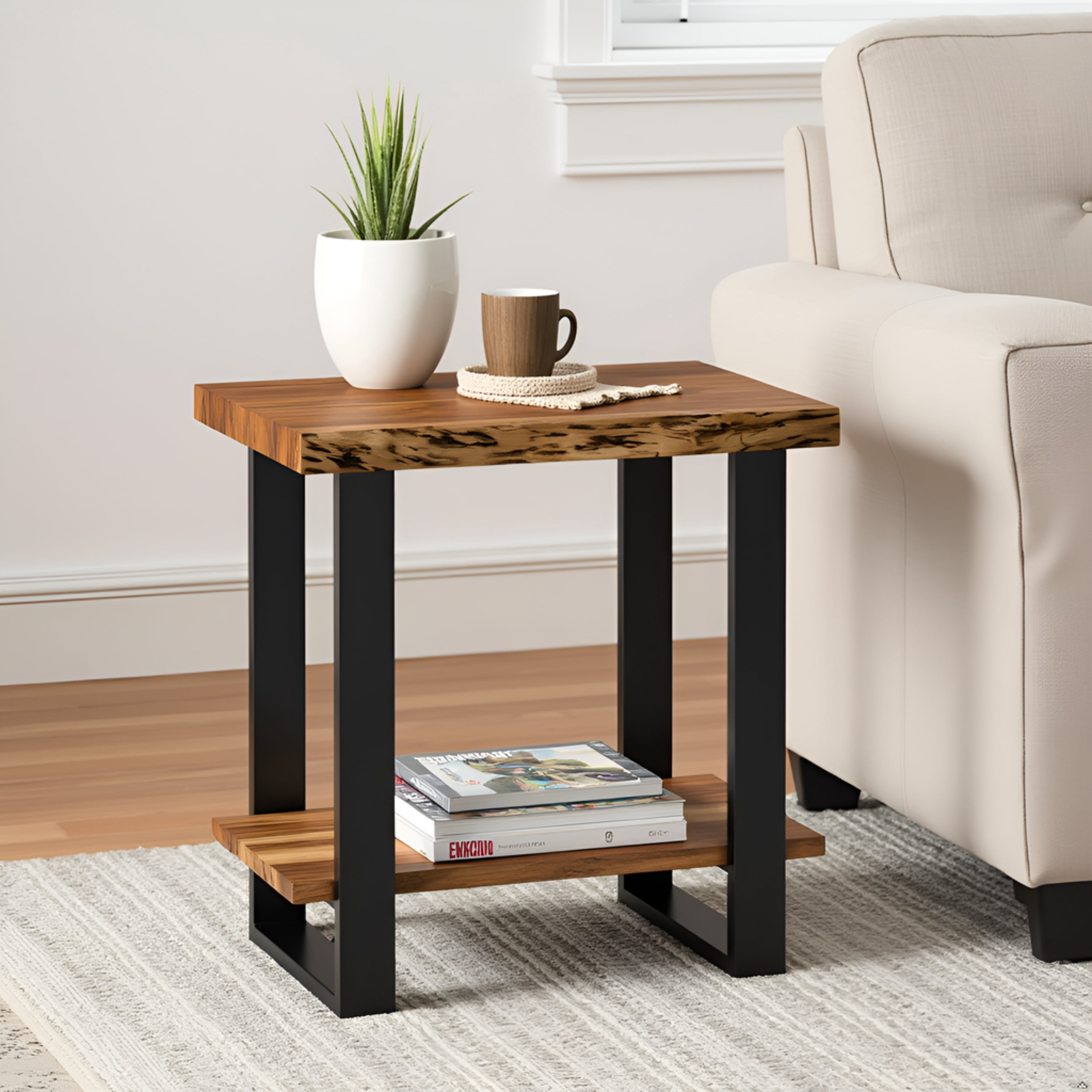 Alpine Natural Live Edge Acacia Wood End Table, Industrial Side Table with Storage Shelf, Modern Nightstand or Living Room Furniture