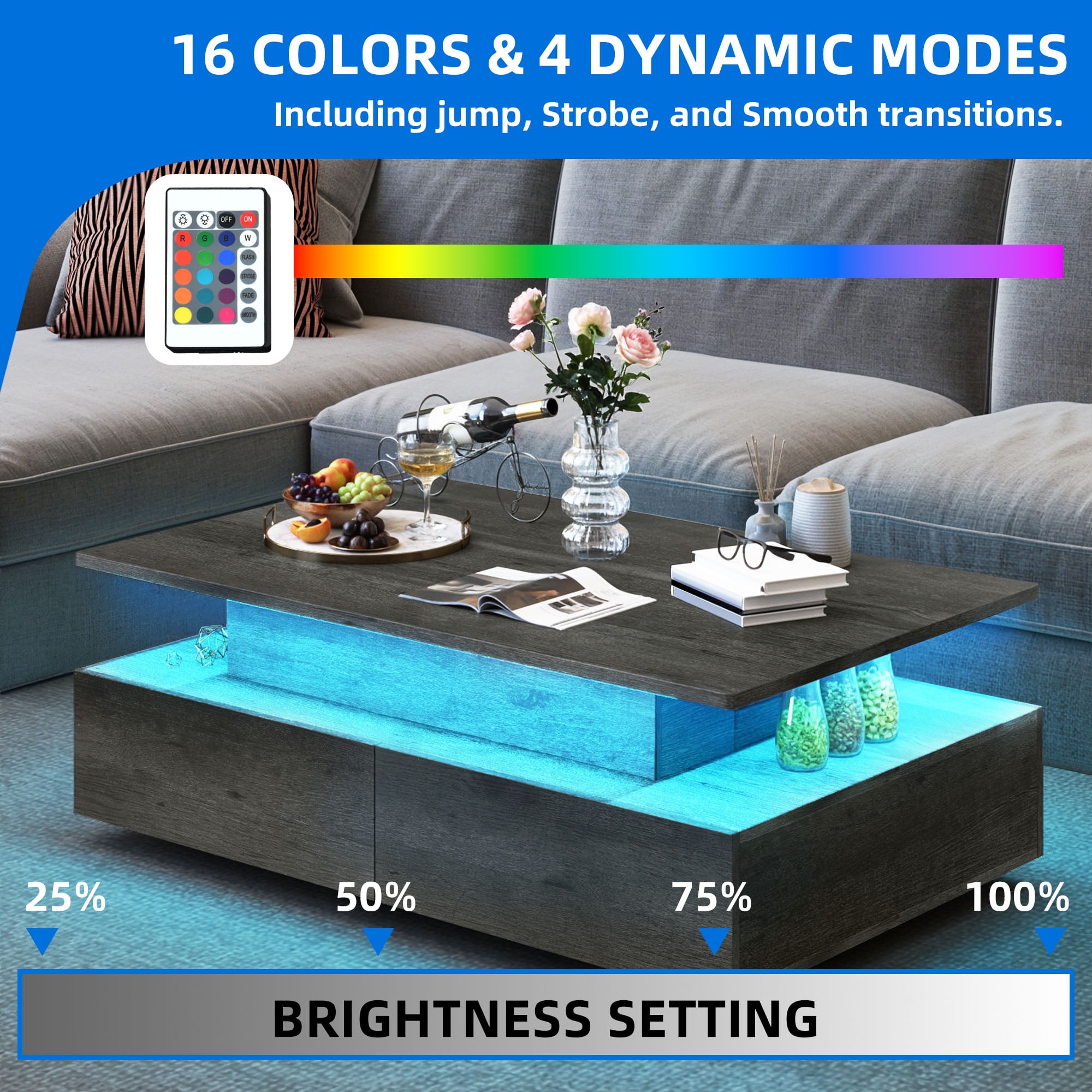 Uforic Lift Top LED Coffee Table, Smart Center Table with 4 Drawers, Gray