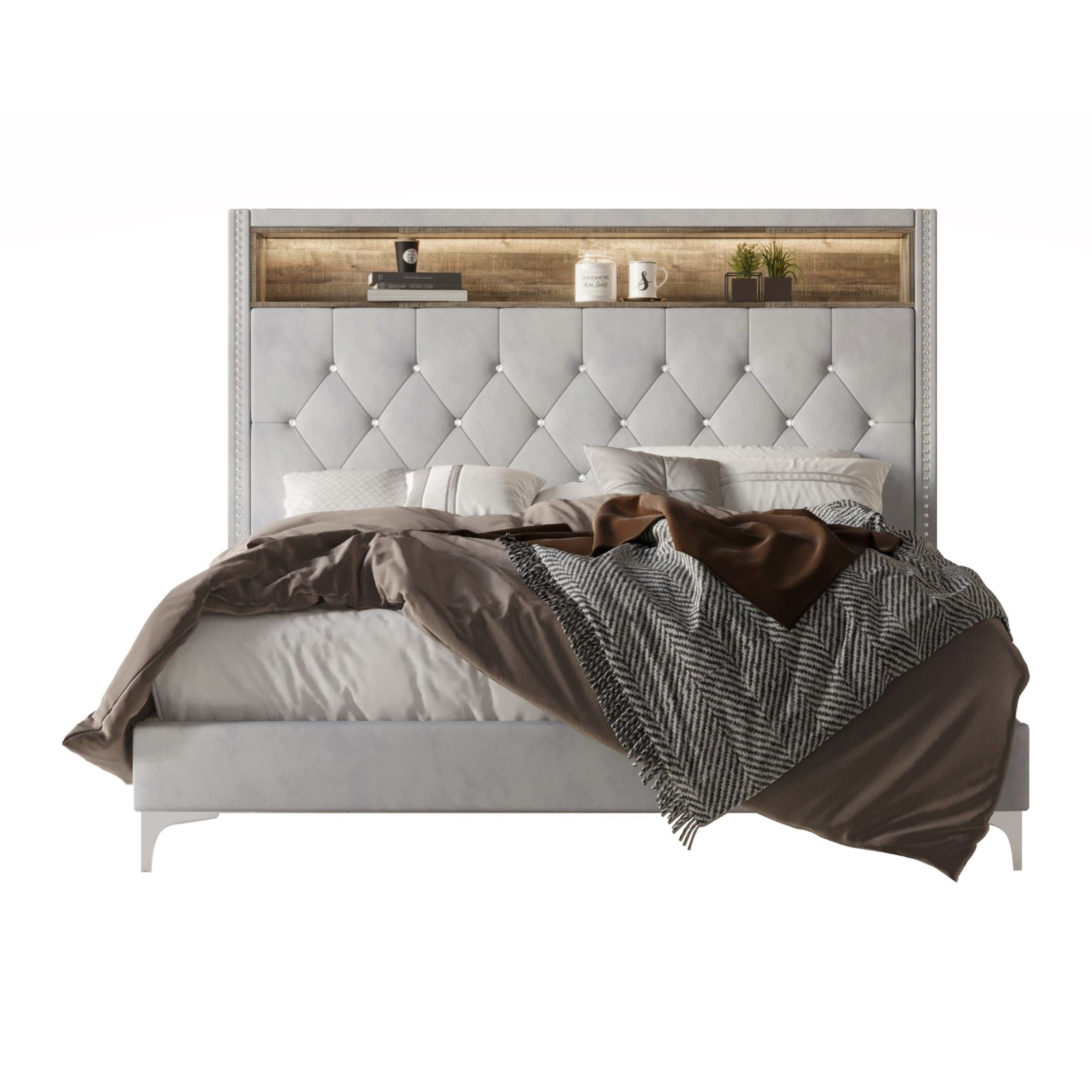 Home Design Javan Full Velvet Upholstered Bookcase Panel Bed Frame for Adult, Silver Gray, Easy Assembly