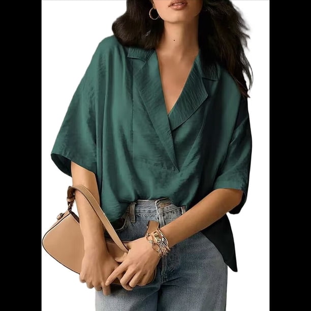 Blusa Informal Elegante para Mujer, de Negocios, de Corta, con Cuello en V y Tapeta, Camisa de Trabajo Verde XXL