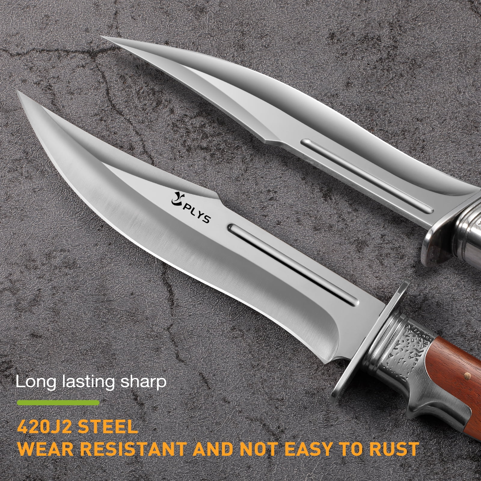 Plys Hunting Knife with Nylon Sheath, 6.9 inch Fixed Blade Outdoor Knife, Full Tang Camping Survival Tactical Knife