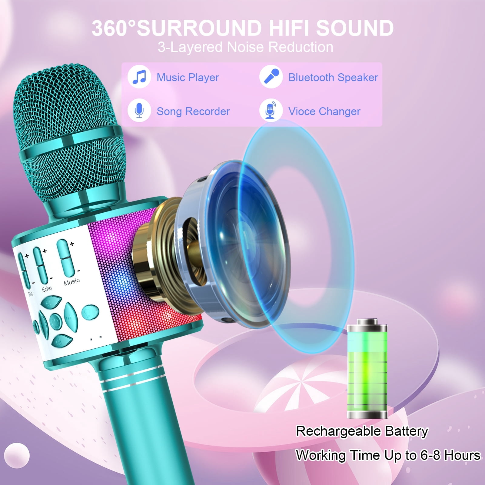Wireless Karaoke Microphone for Kids, Portable Handheld Karaoke Machine with LED Lights, Children's Day Birthday Gift for Girls Boys (Light Blue)