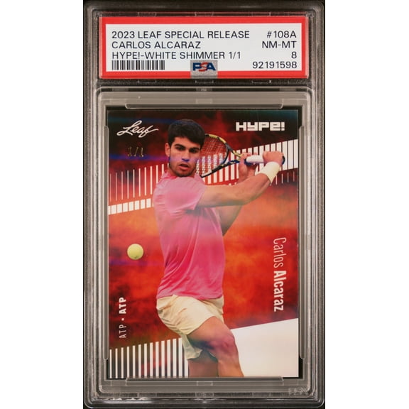 PSA 8 Carlos Alcaraz 2023 Leaf Hype! #108A White Shimmer 1/1 Rookie Card