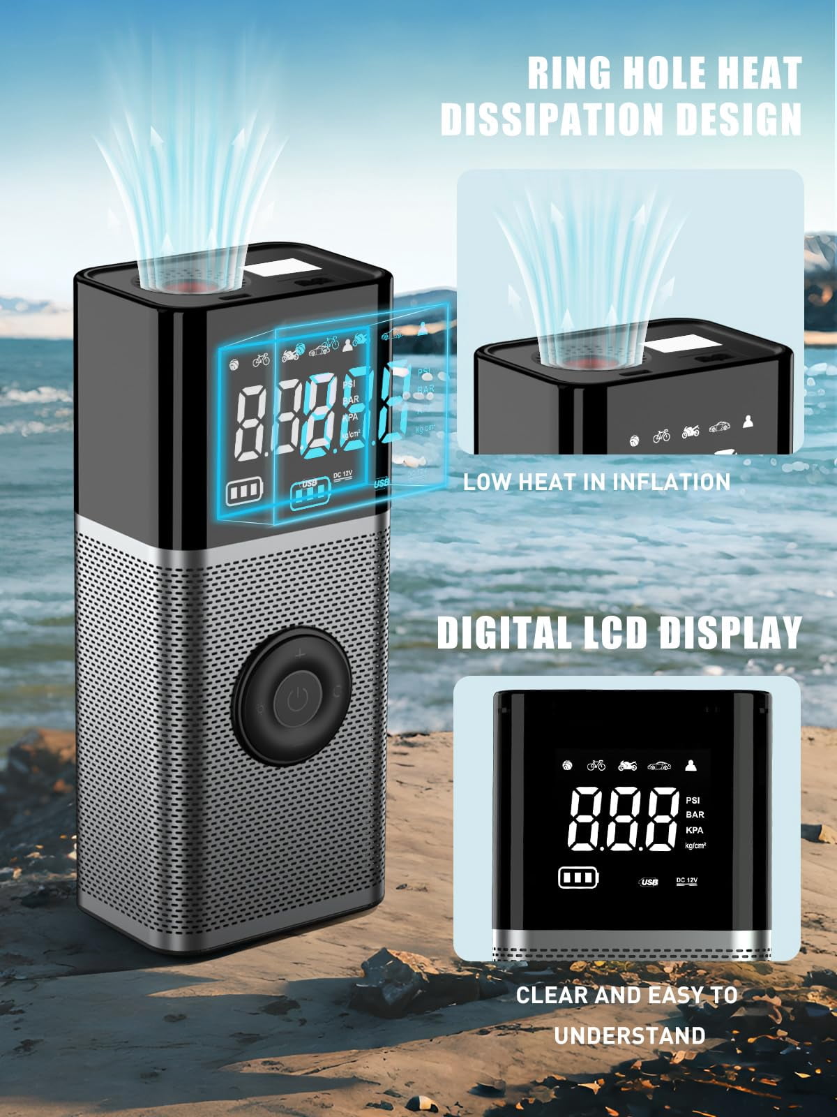 OneAmg Cordless portable tire inflator, 4x speed 150 PSI portable air compressor, featuring a 7800mAh battery, LED display, automatic shut-off, pressure gauge, and LED light, suitable for cars, bicyc