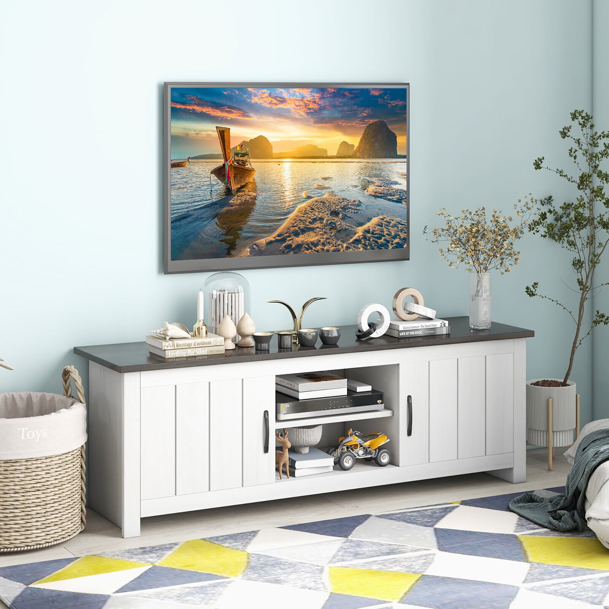 Gymax Farmhouse TV Stand for TVs up to 65'' Media Console Center w/ Doors Cubbies Black