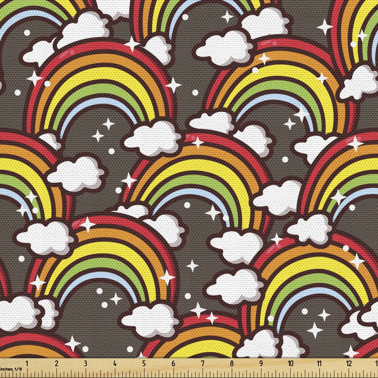 Rainbow Fabric by the Yard, Colorful Rainbows and Clouds by