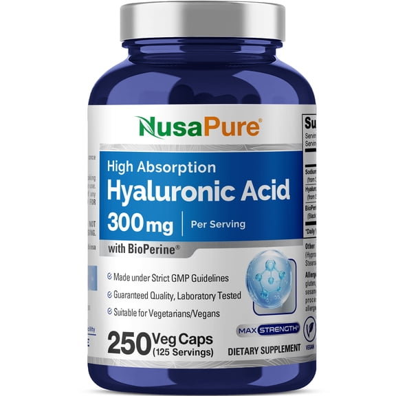 NusaPure Hyaluronic Acid 300mg 250 Veggie Capsules (Non-GMO & Gluten Free)
