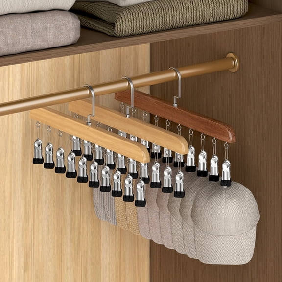 Wooden Pants Hanger 10 Clips Space-Saving Closet Organizer for Skirts, Jeans, Bras, Scarves Solid Natural Wood & Rustproof Metal Non-Slip Rubber Grips, 360° Swivel Hook, Slim Profile
